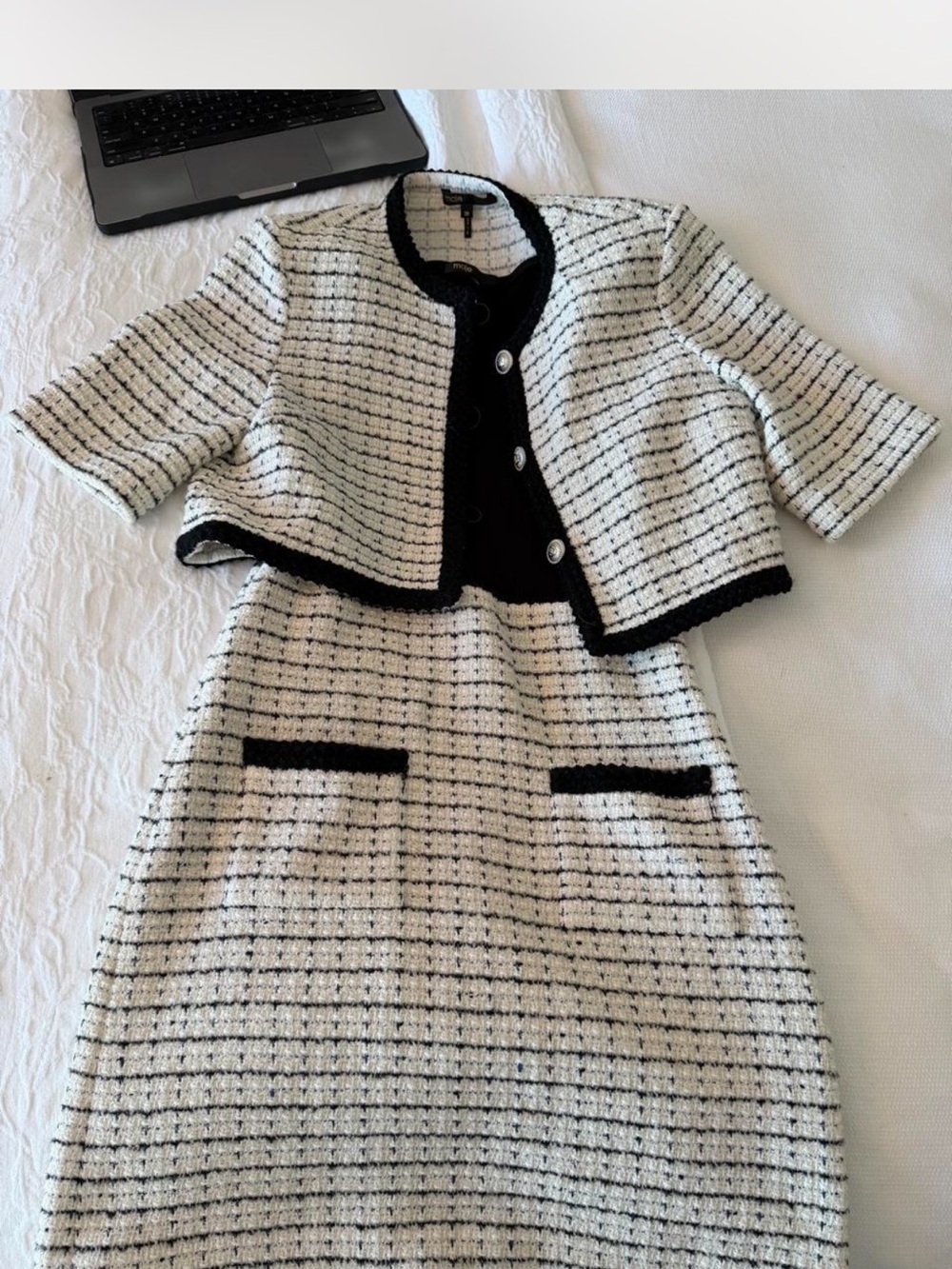 Maje Cream and Black Tweed Midi Dress and Cropped Jacket Set